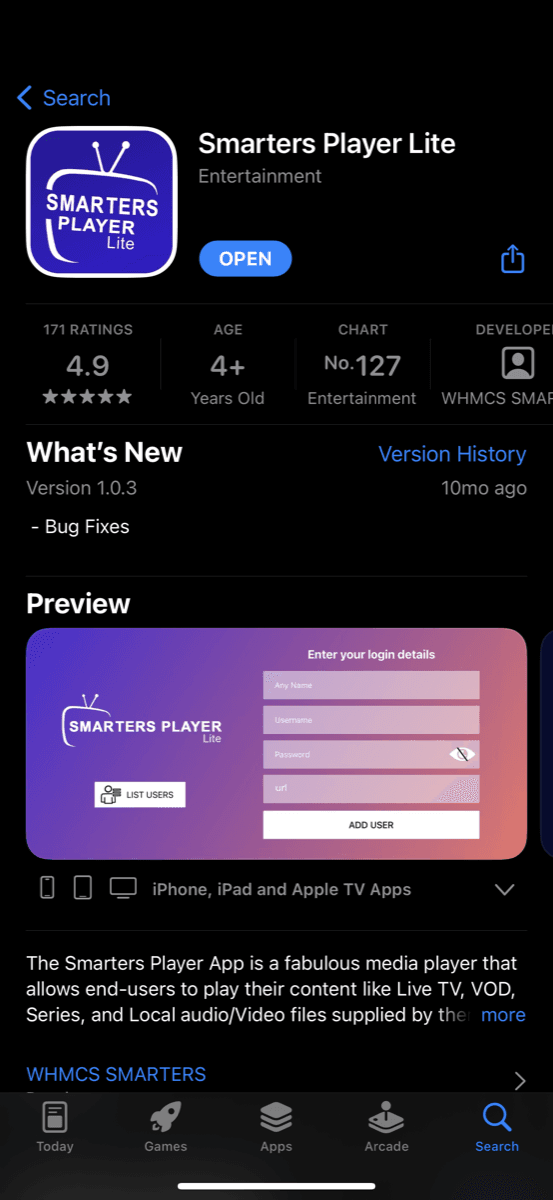 Smarters Player Lite aplikacija u App Store na iPhone