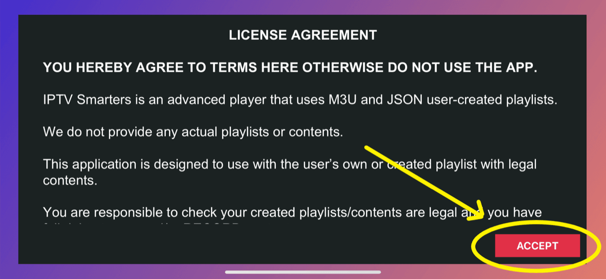 Prihvatanje uslova korišćenja u Smarters Player Lite