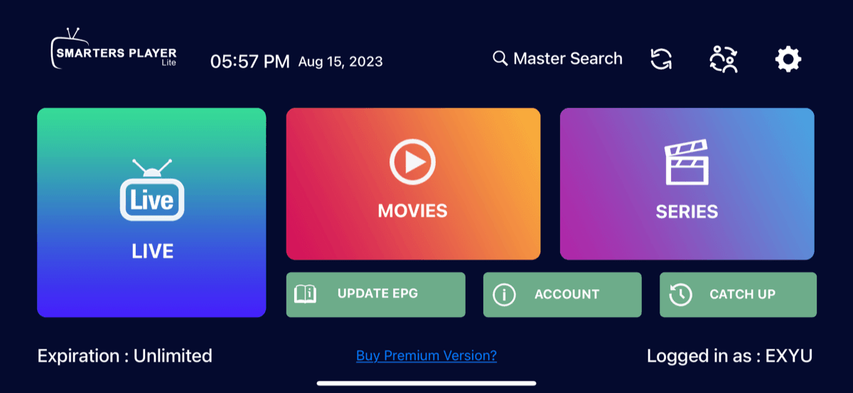 Glavni ekran Smarters Player Lite sa LIVE, MOVIES i SERIES opcijama