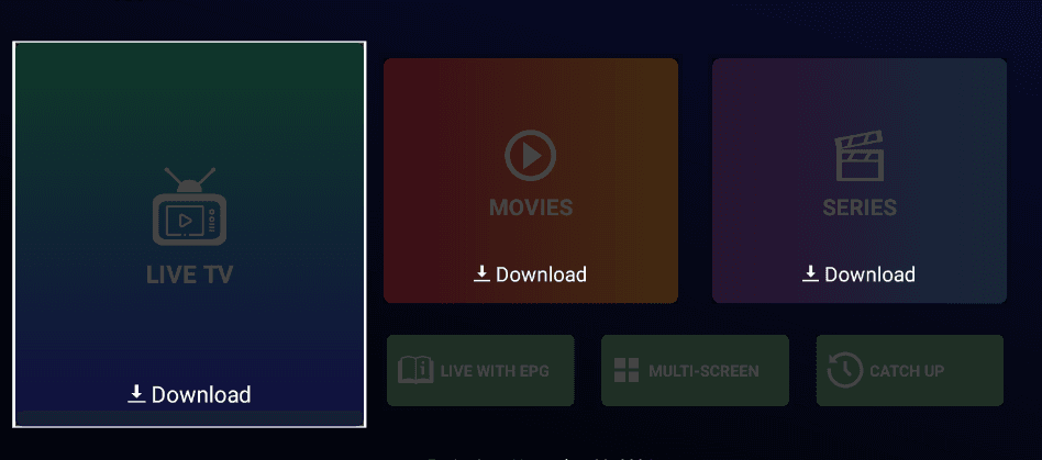 Glavni ekran EXYU aplikacije sa Live TV, Movies i Series opcijama