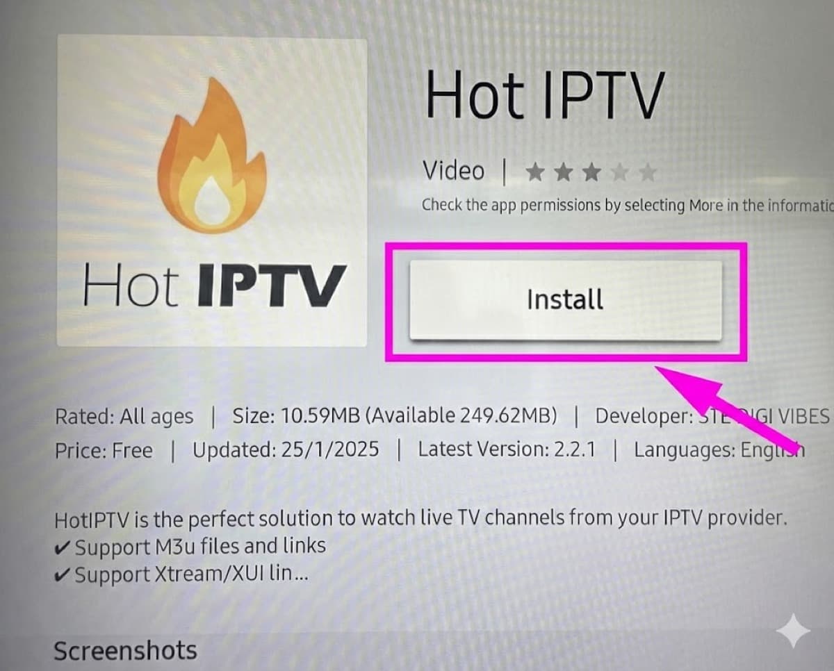 Install dugme za Hot IPTV aplikaciju na Samsung TV