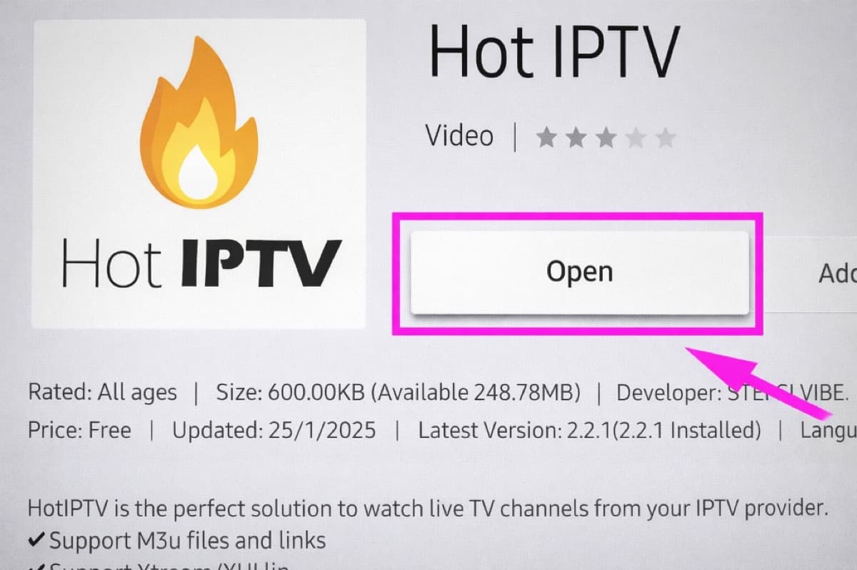Open dugme za pokretanje Hot IPTV aplikacije
