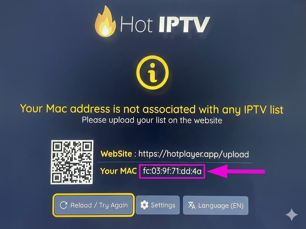 MAC adresa prikazana u Hot IPTV aplikaciji - Your MAC označen žutom bojom